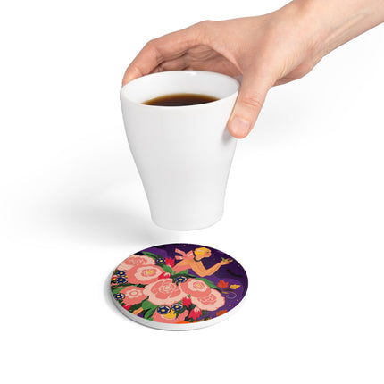 🌹🎃 The Lady Of The Haunted Rose Garden Ceramic Coaster – Romantic Halloween Charm