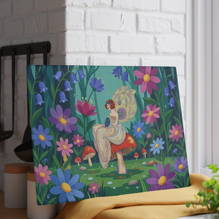 🧚🍄 The Lady Of The Enchanted Mushroom Garden Glass Cutting Board – Art Deco Fairy Garden Fantasy