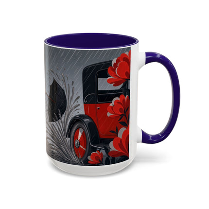 ☔🌹 The Scarlet Rainstorm Promenade Colorful Mug – Art Deco Motoring Elegance