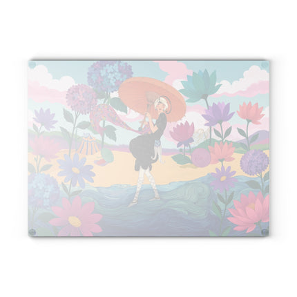 🌸☂️ The Lady Of The Painted Parasol Glass Cutting Board – Art Deco Floral Seaside Elegance