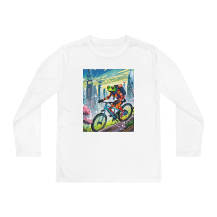 Cyberpunk Frog Youth Long Sleeve Competitor Tee – Neon Trails & Futuristic Adventure