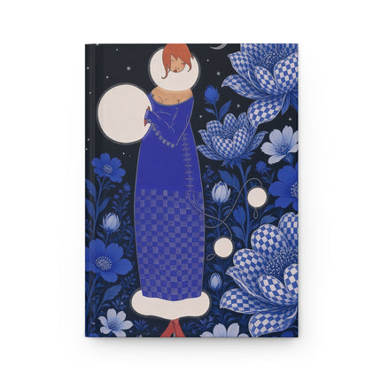 🌙💙 The Lady Of The Midnight Checkered Flower Garden Hardcover Journal – Art Deco Moonlit Elegance