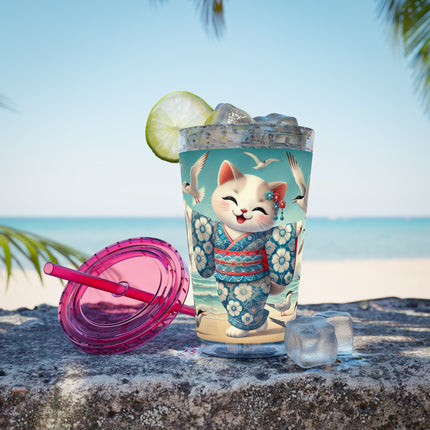 Geisha Kitten by the Seaside Sunsplash Tumbler with Straw, 16oz