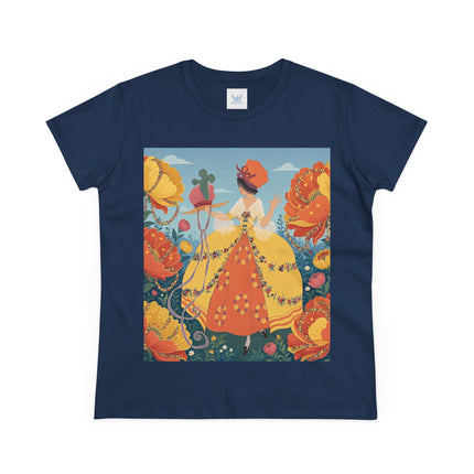 🧡🌼 The Golden Flower Promenade Cotton Tee – Art Deco Floral Elegance
