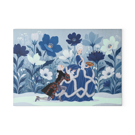 💙❄️ The Winter Courtship Glass Cutting Board – Art Deco Floral Romance
