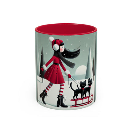 Red Sled & Curious Cats Colorful Mugs (11oz, 15oz)