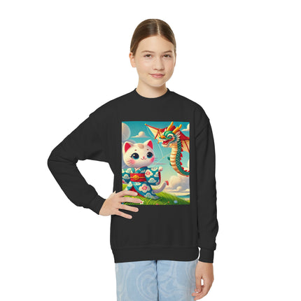 Geisha Kitten and the Dragon Kite Youth Crewneck Sweatshirt – Freedom, Motion & Playful Spirit
