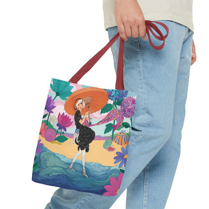 ☂️🌺 The Lady Of The Seaside Parasol Tote Bag – Art Deco Floral Fashion
