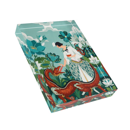 🐉🌿 The Lady Of The Enchanted Dragon Acrylic Art Block – Art Deco Botanical Whimsy