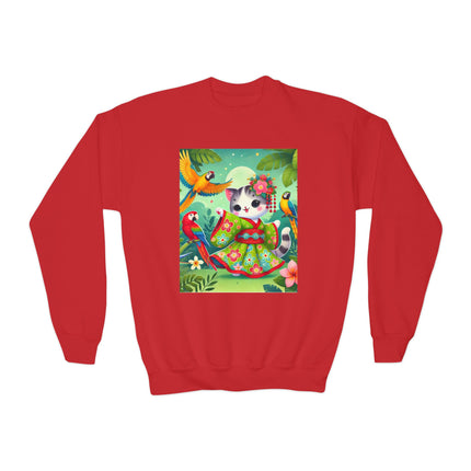 Parrot Dance of the Geisha Kitten Youth Crewneck Sweatshirt – Color, Rhythm & Joyful Expression