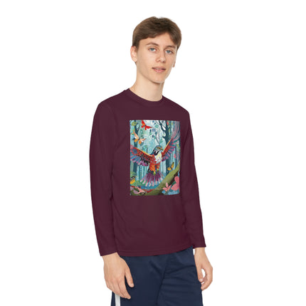 A Colorful Raptor Youth Long Sleeve Competitor Tee – Dino Adventure & Forest Wonder