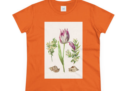 Tulip flower with Two Branches of Myrtle and Shells Cotton Tee