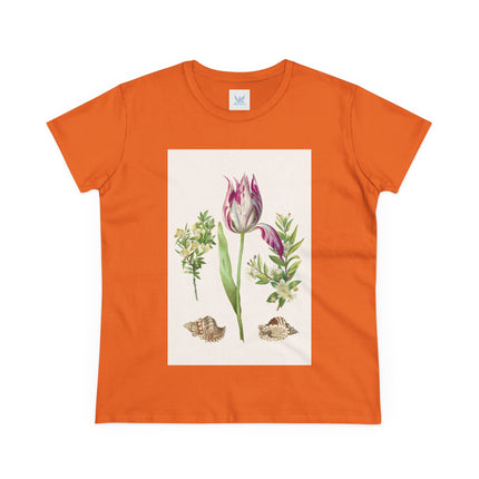 Tulip flower with Two Branches of Myrtle and Shells Cotton Tee
