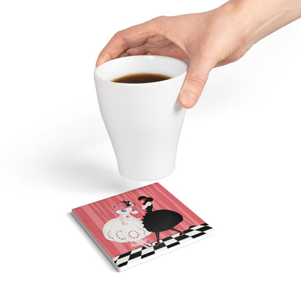 🎭🖤 The Masquerade Secret Ceramic Coaster – Art Deco Fashion Whimsy