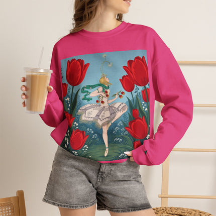 🌷🩰 The Scarlet Tulip Ballet Crewneck Sweatshirt – Art Deco Floral Whimsy