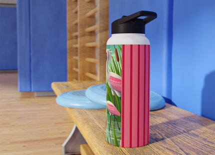 Geisha Kitten Strolls Among the Spoonbills Stainless Steel Water Bottle, Standard Lid