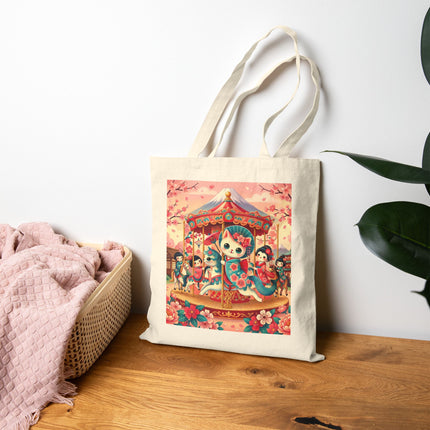 Geisha Kitten's Enchanted Carousel Ride Cotton Canvas Tote Bag – Whimsical Dreams & Cherry Blossom Magic