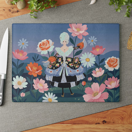 🌸🎀 The Lady Of The Grand Flower Garden Glass Cutting Board – Art Deco Floral Fashion Fantasy