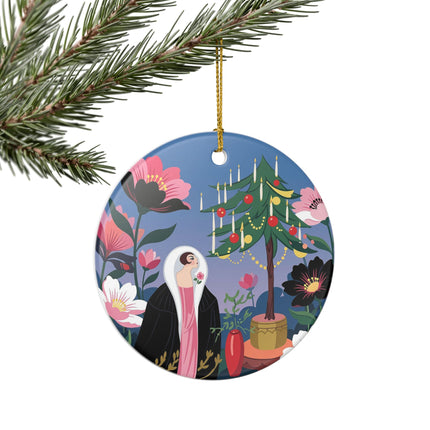 🌹🎄 The Lady Of The Candlelit Rose Tree Ceramic Ornament – Art Deco Christmas Garden