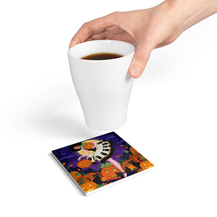🐈‍⬛🎃 The Black Cat Pumpkin Belle Ceramic Coaster – Vintage Halloween Charm