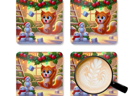 Naughty or Nice Kitten Christmas Corkwood Coaster Set