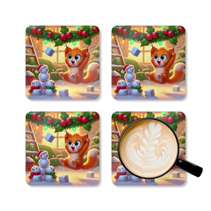 Naughty or Nice Kitten Christmas Corkwood Coaster Set