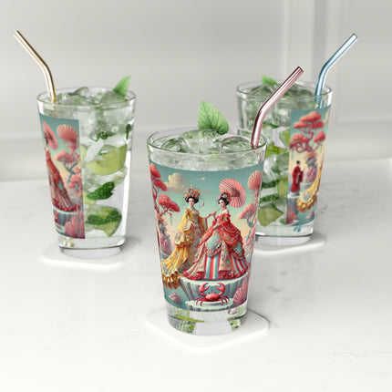 Cherry Blossom Courtesans & Crimson Crab Pint Glass – Imperial Elegance & Playful Charm