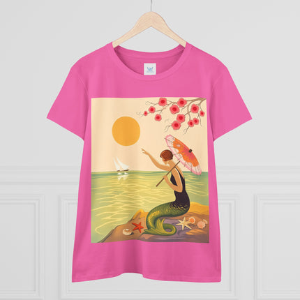🧜‍♀️🌸 The Mermaid Beneath The Blossoms Cotton Tee – Art Deco Seaside Fantasy