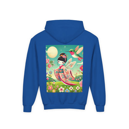 Geisha Fairy and the Hummingbird Blossom Youth Hooded Sweatshirt – Cozy Magic in Bloom