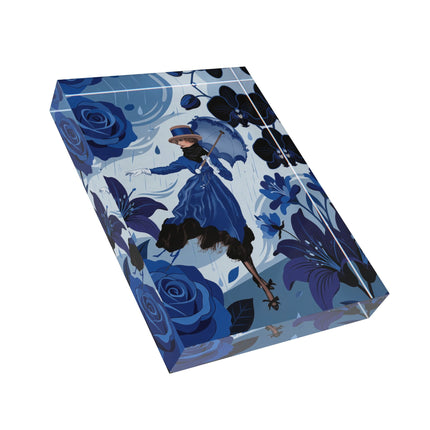 ☔💙 The Lady Of The Blue Rain Acrylic Art Block – Art Deco Floral Whimsy