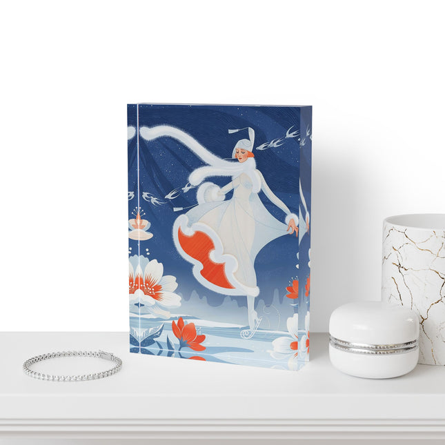 ❄️⛸️ The Winter Skater’s Flight Acrylic Art Block – Art Deco Floral Fantasy