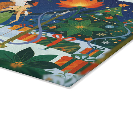 🪷🎄 The Lady Of The Christmas Lotus Garden Glass Cutting Board – Art Deco Holiday Fantasy