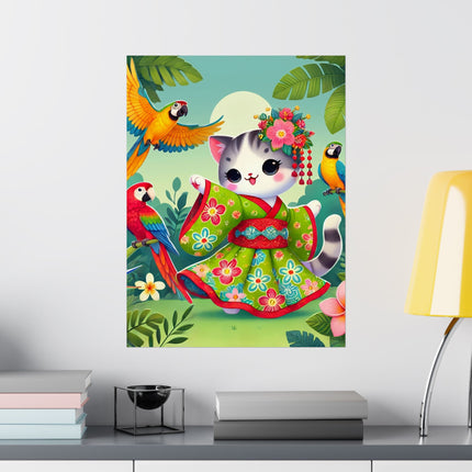 🦜🐱 Parrot Dance of the Geisha Kitten Matte Vertical Poster – Tropical Whimsy & Colorful Charm