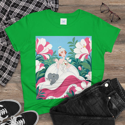 🌸🐘 The Pink Blossom Companion Cotton Tee – Art Deco Floral Whimsy