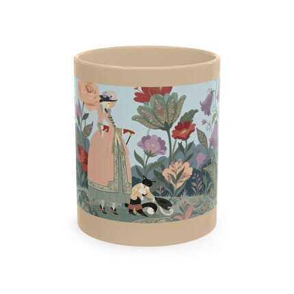 🐈🥾 The Lady & Puss In Boots In The Flower Garden Ceramic Mug – Art Deco Storybook Whimsy