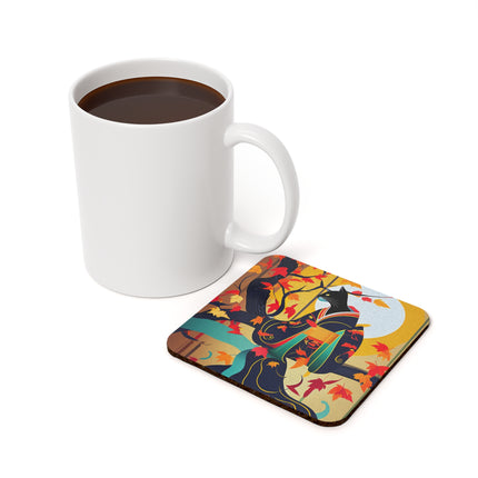 Black Cat in Kimono Cork Back Coaster