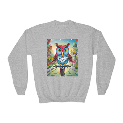 Cycling Owl Youth Crewneck Sweatshirt – Urban Adventure & Playful Motion