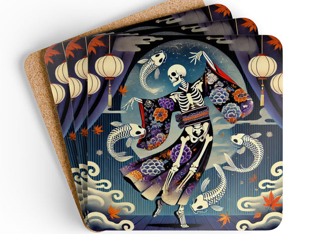 Skeleton Kabuki Performer Corkwood Coaster Set