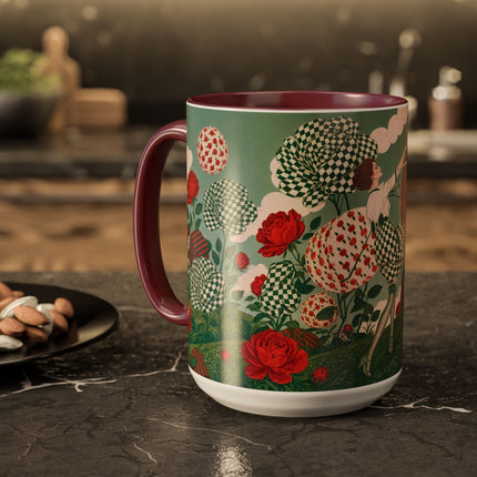 🌹💚 The Scarlet Rose Checkerboard Garden Colorful Mug – Art Deco Floral Whimsy