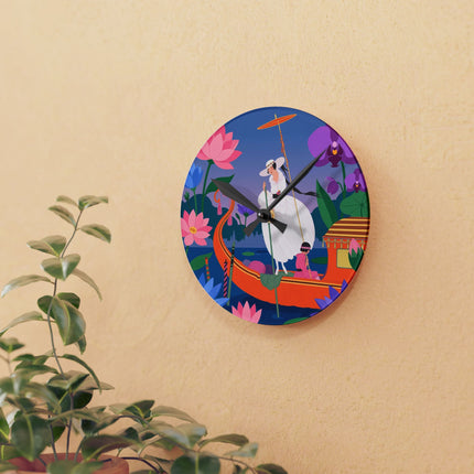 🪷🚣 The Lady Of The Lotus Lake Acrylic Wall Clock – Art Deco Botanical Fantasy