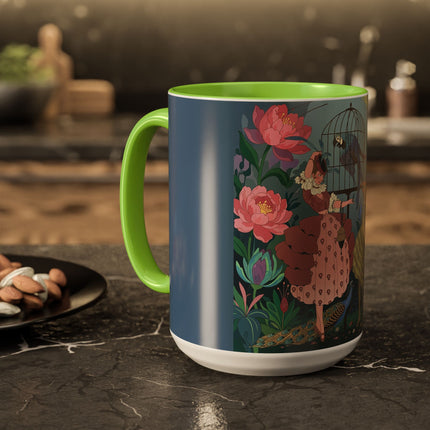The Ladies And The Enchanted Macaw Colorful Mugs – Art Deco Botanical Elegance