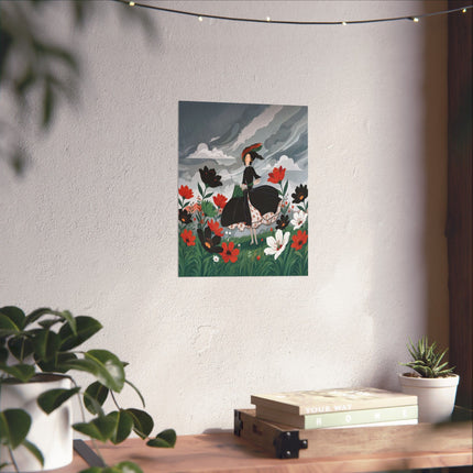 🌧️🌺 The Lady Of The Rainy Flower Meadow Matte Vertical Poster – Art Deco Floral Whimsy