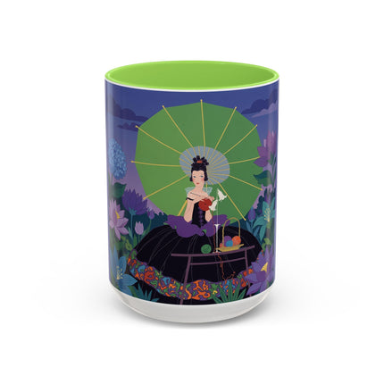 The Lady Of The Moonlit Needlework Colorful Mugs – Art Deco Crafting Elegance