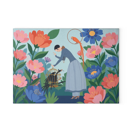🌺🦜 The Lady Of The Enchanted Aviary Glass Cutting Board – Art Deco Floral Garden