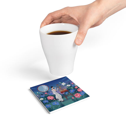 🌸🐦 The Lady Of The Garden Birdcage Ceramic Coaster – Art Deco Floral Elegance