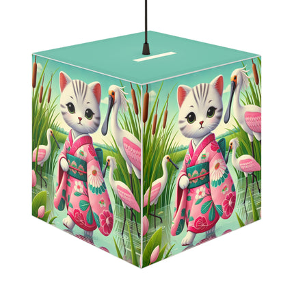 🌸🦩 Geisha Kitten Strolls Among the Spoonbills Light Cube Lamp – Serene Grace & Marshland Wonder