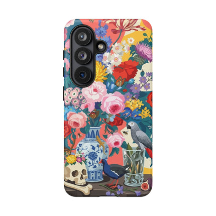 Floral Vanitas Phone Case – Parrot & Porcelain Splendor