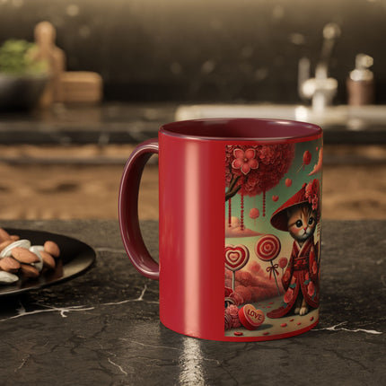 Whimsical Geisha Kitten in a Valentine Garden Colorful Mugs (11oz, 15oz)