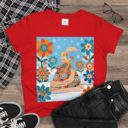 🌼❄️ The Winter Parasol Lady Cotton Tee – Art Deco Floral Fantasy
