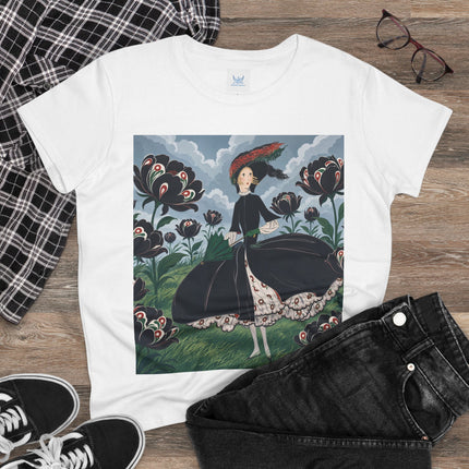 ❤️🌺 The Scarlet Parasol Garden Cotton Tee – Art Deco Floral Elegance